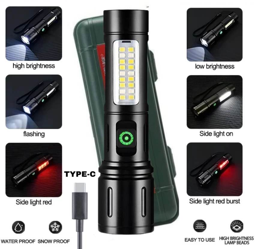 Picture of JOYKALY YG-031 Metal Body Rechargeable 6 Modes Telescopic Zoomable Lithium Battery Dual Light Torch - Black
