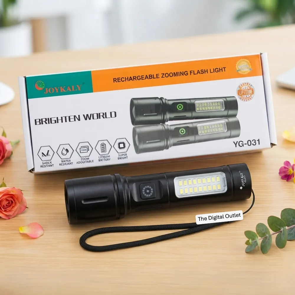 Picture of JOYKALY YG-031 Metal Body Rechargeable 6 Modes Telescopic Zoomable Lithium Battery Dual Light Torch - Black