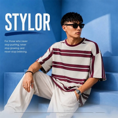 Picture of Cream & Maroon Stape Drop Shoulder-Clothing Size-42,MAROON