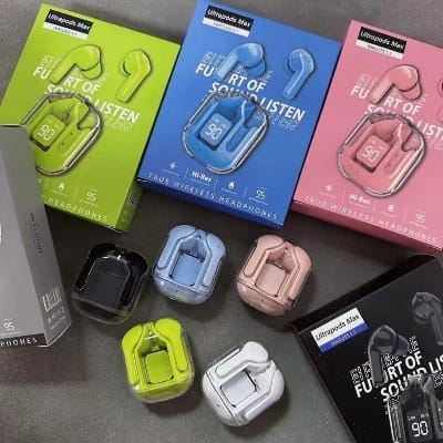 Picture of Tws Ultrapods Max Wireless 5.3 Waterproof Earbuds With Display Transparent Design.-Blue
