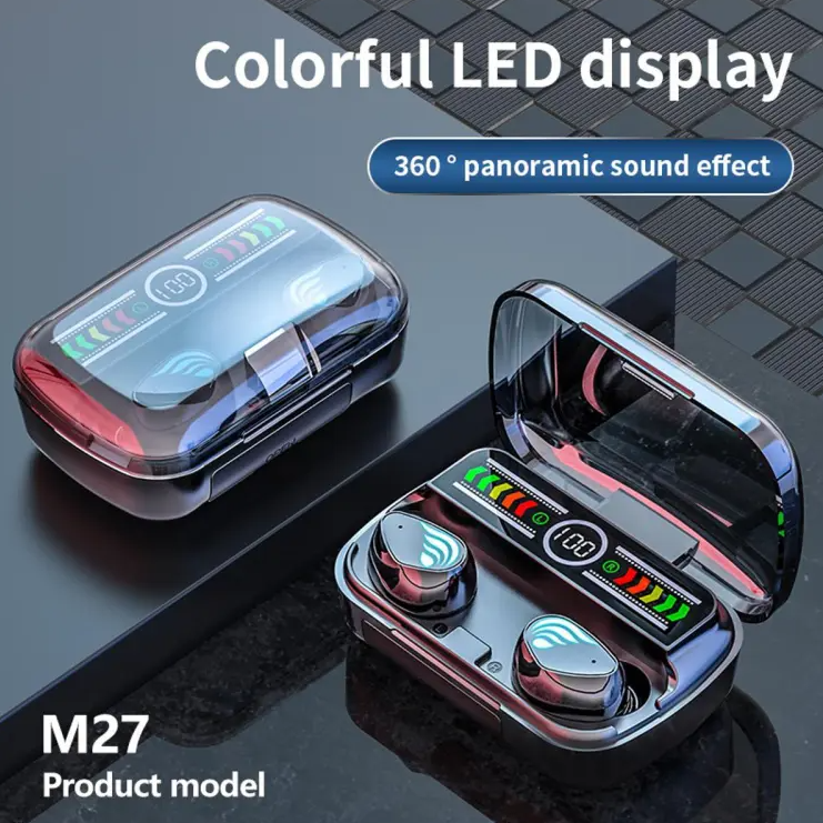 Picture of M27 TWS Wireless Bluetooth5.3 Earbuds 9D Stereo Touch Control Handfree Bluetooth Earphone Waterproof Sport Headphones ENC Noise Reduction Headset with Charging Case - Bluetooth Headphone-Black