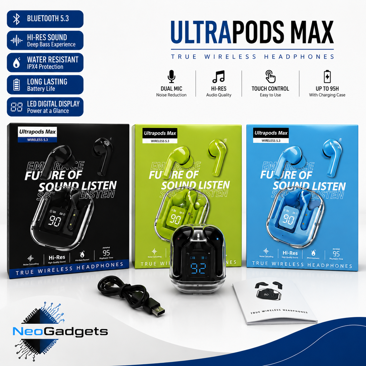 Picture of Ultrapods Max Wireless Earbuds 5.3 Transparent by Hedaya-Black