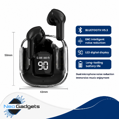 Picture of Ultrapods Max Wireless Earbuds 5.3 Transparent by Hedaya-Black