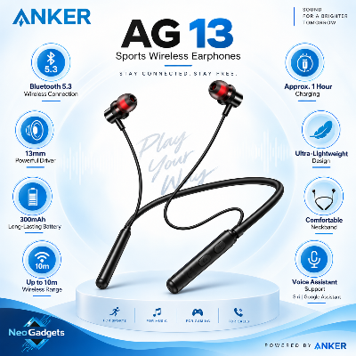 Picture of ANKER AG 13 Wireless Earphones Bluetooth 5.3 | Sports Neckband Headphone | 13mm Driver | Long Battery Life-Black