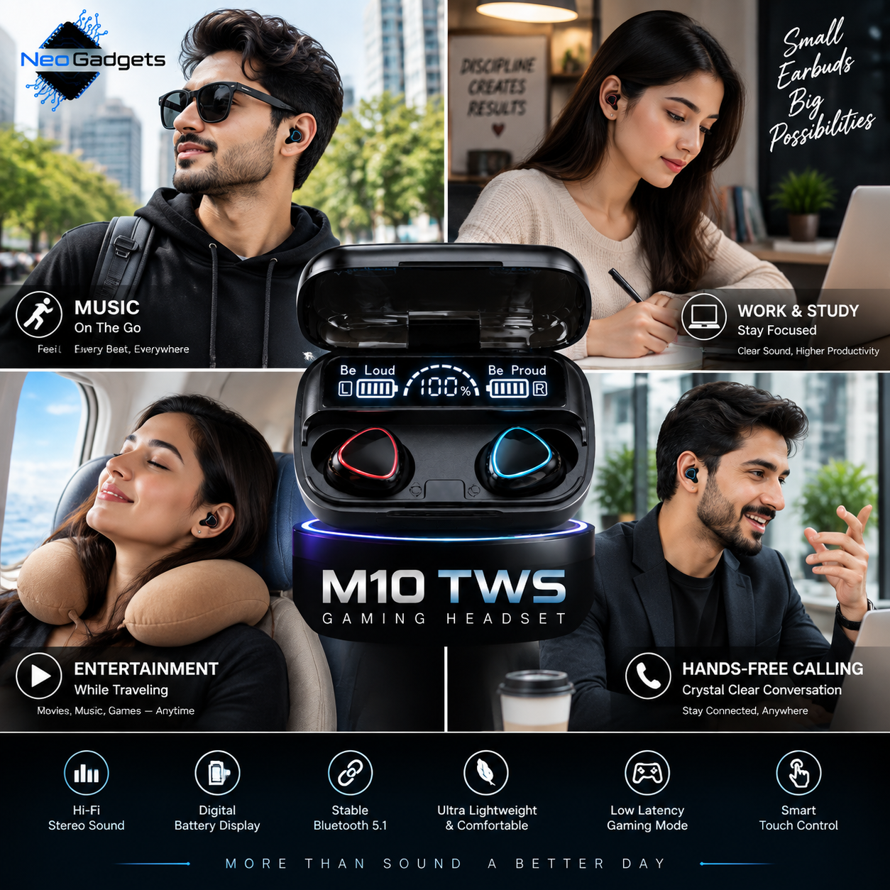 Picture of M10 TWS Wireless Earbuds Touch Bluetooth Earplugs In The Ear Stereo Sport Headsets-Black