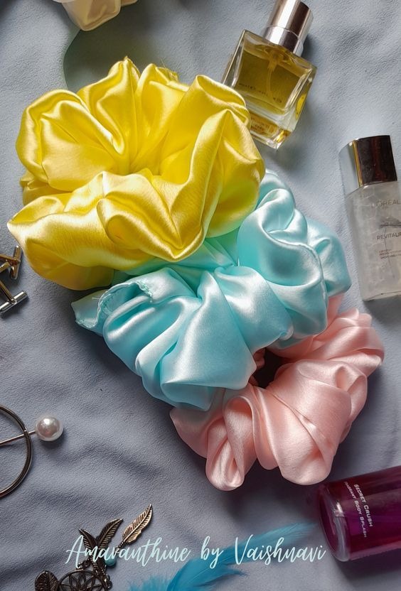 Picture of OIKKO Satin Silk Scrunchies 3 Pcs – Soft Hair Bands for Women, Silk Hair Tie & Wrist Accessories - Multicolor -One Size