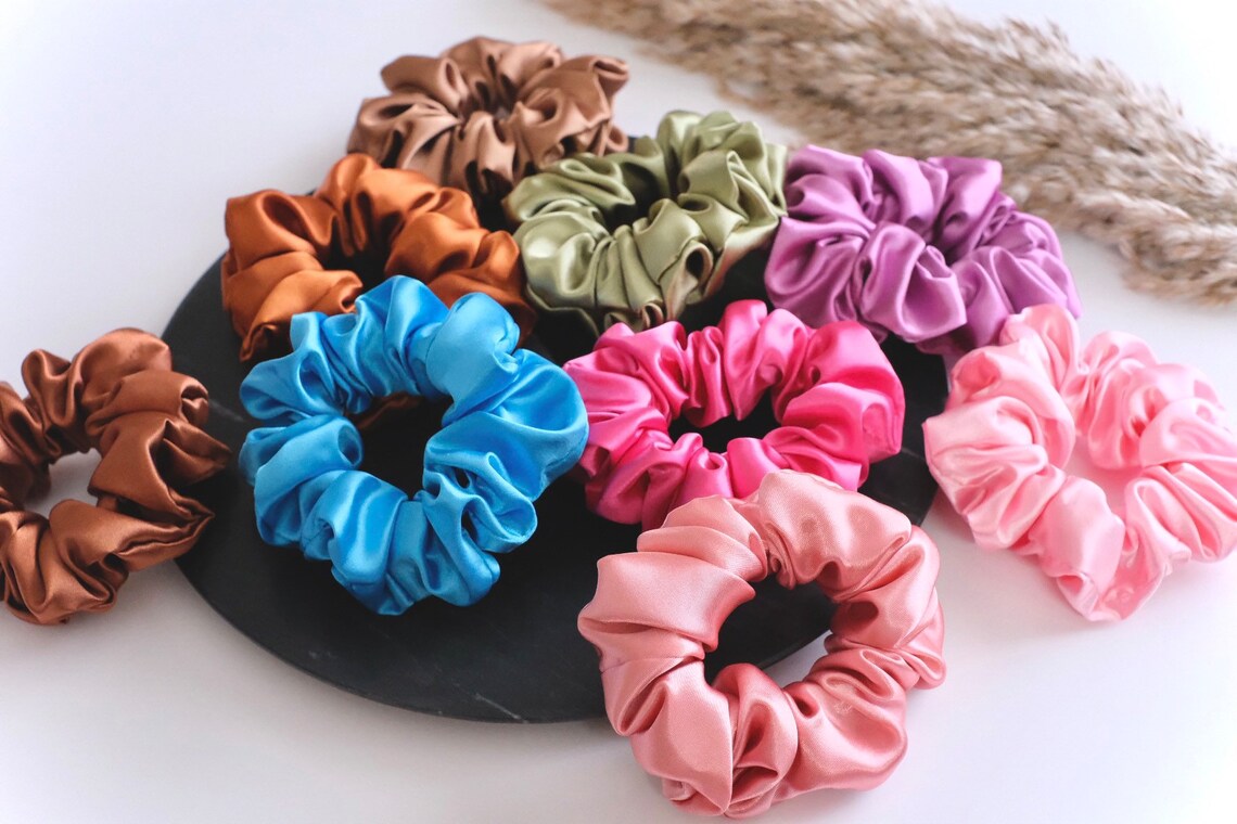 Picture of OIKKO Satin Silk Scrunchies 3 Pcs – Soft Hair Bands for Women, Silk Hair Tie & Wrist Accessories - Multicolor -One Size