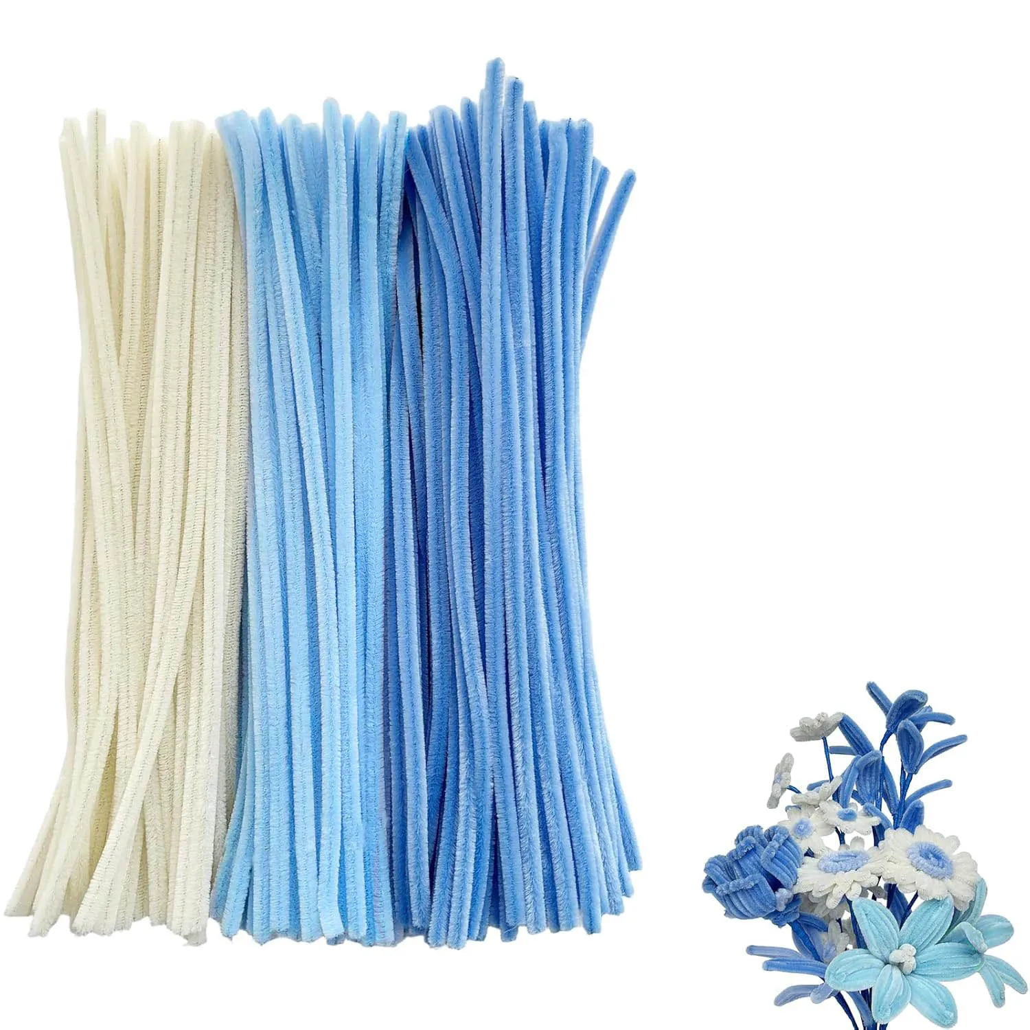 Picture of OIKKO Blue & White Pipe Cleaner Chenille Stems 20 Pcs – DIY Flower Making Sticks for Handmade Flowers, Bouquet, Craft & Art Projects -One Size