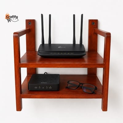 Picture of Wooden Wall Mounted Router, ONU & WGP Mini UPS Stand – 2 Layer – Natural Wood Finish