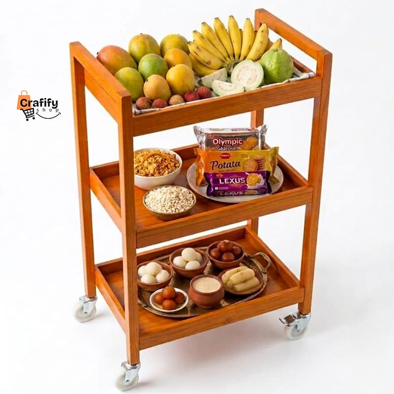 Picture of Modern 3 Tier Wooden Kitchen Trolley – Natural Wood Finish