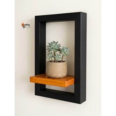 Picture of Geometric Rectangular Wall Shelf – Black & Natural Wood Finish
