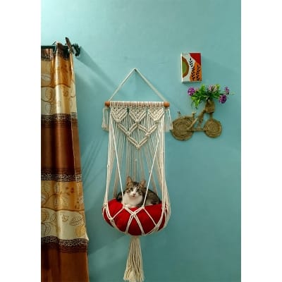 Picture of Macrame Cat Hanging Swing with Cushion – Handmade Cat Hammock