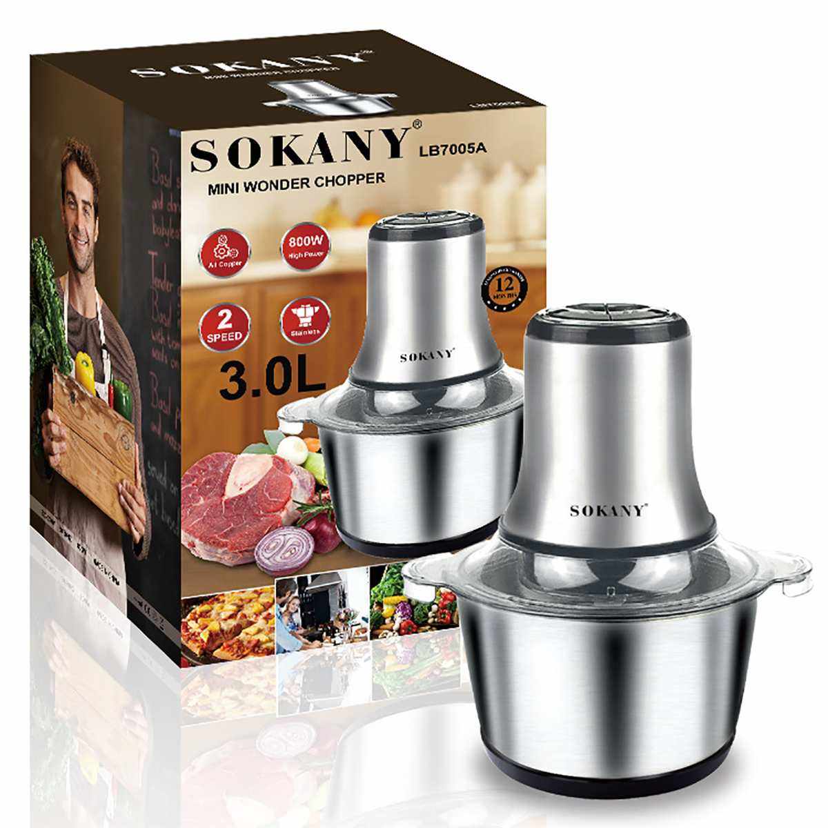 Picture of Sokany Meat Grinder Chopper LB-7005A Stainless Steel Electric 2 Speeds 3L Jar 220-240V-50/60Hz 800W