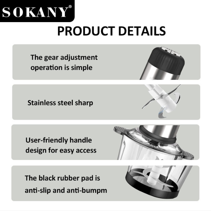 Picture of Sokany SK-7025A Electric Food Chopper Meat Grinder Slicer 800W High Power Stainless Steel Blades and 2L Heavy Jar Capacity