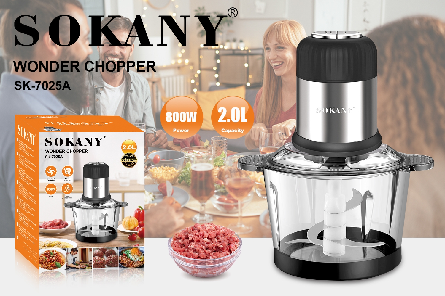 Picture of Sokany SK-7025A Electric Food Chopper Meat Grinder Slicer 800W High Power Stainless Steel Blades and 2L Heavy Jar Capacity
