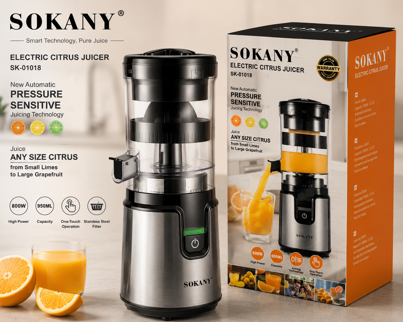 Picture of Sokany SK-01018 Electric Citrus Juicer 800W Electric Juice Extractor Fruit Mixer Blender Multifunction Kitchen Juicer Slag Juice Separation for Oranges Lemons-Black