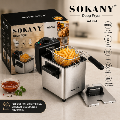 Picture of WJ-804 Sokany Electric Deep Fryer – 1.5L Compact Stainless Steel Body 2000w Electric Fryer Household 1.5l Multifunctional Fryer Detachable Heating Element Easy to Clean-Silver