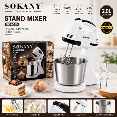 Picture of SK-6620 SOKANY Stand Mixer 250W Electric Stand Mixer with 2.0L SS Bowl Table Stand Cake Dough Mixer Handheld Automatic Egg Beater Baking Cream Machine for Hotels and House-White