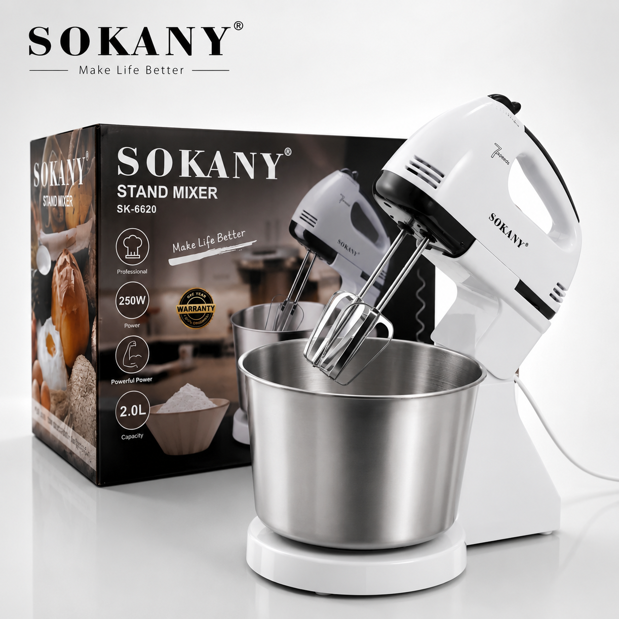 Picture of SK-6620 SOKANY Stand Mixer 250W Electric Stand Mixer with 2.0L SS Bowl Table Stand Cake Dough Mixer Handheld Automatic Egg Beater Baking Cream Machine for Hotels and House-White