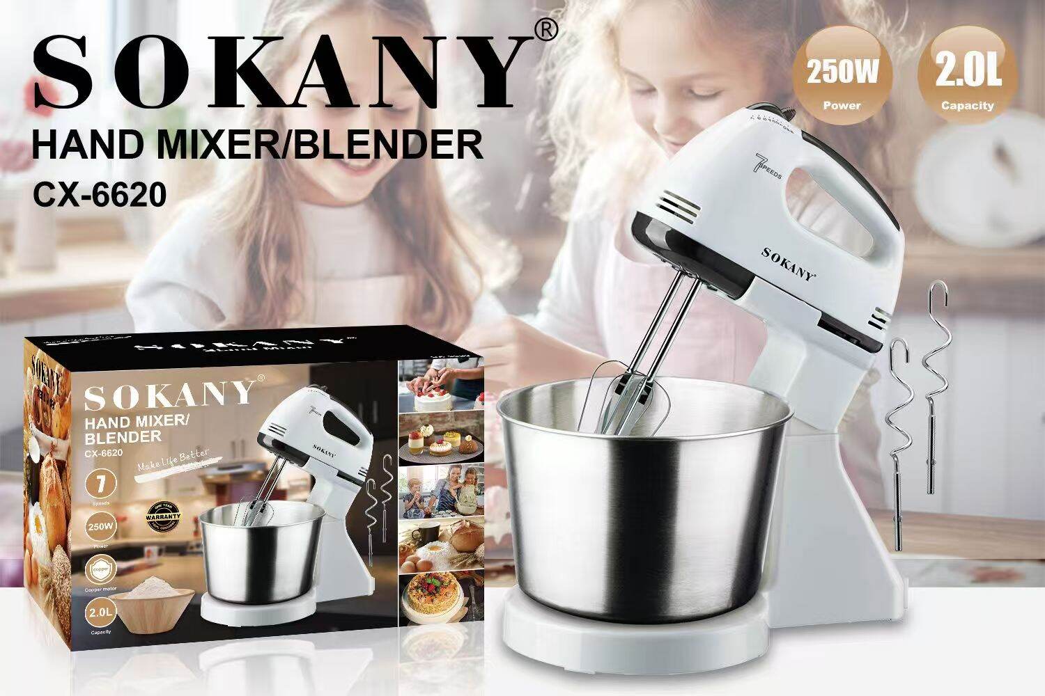 Picture of SK-6620 SOKANY Stand Mixer 250W Electric Stand Mixer with 2.0L SS Bowl Table Stand Cake Dough Mixer Handheld Automatic Egg Beater Baking Cream Machine for Hotels and House-White