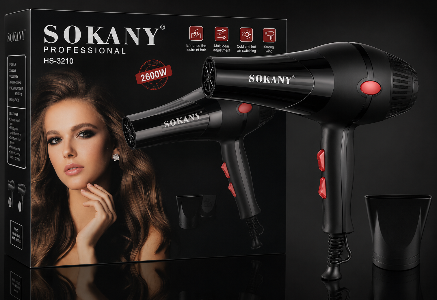 Picture of Sokany HS-3210 Professional Hair Dryer 2600 Watt With 2 Temperature Hair Dryer Black