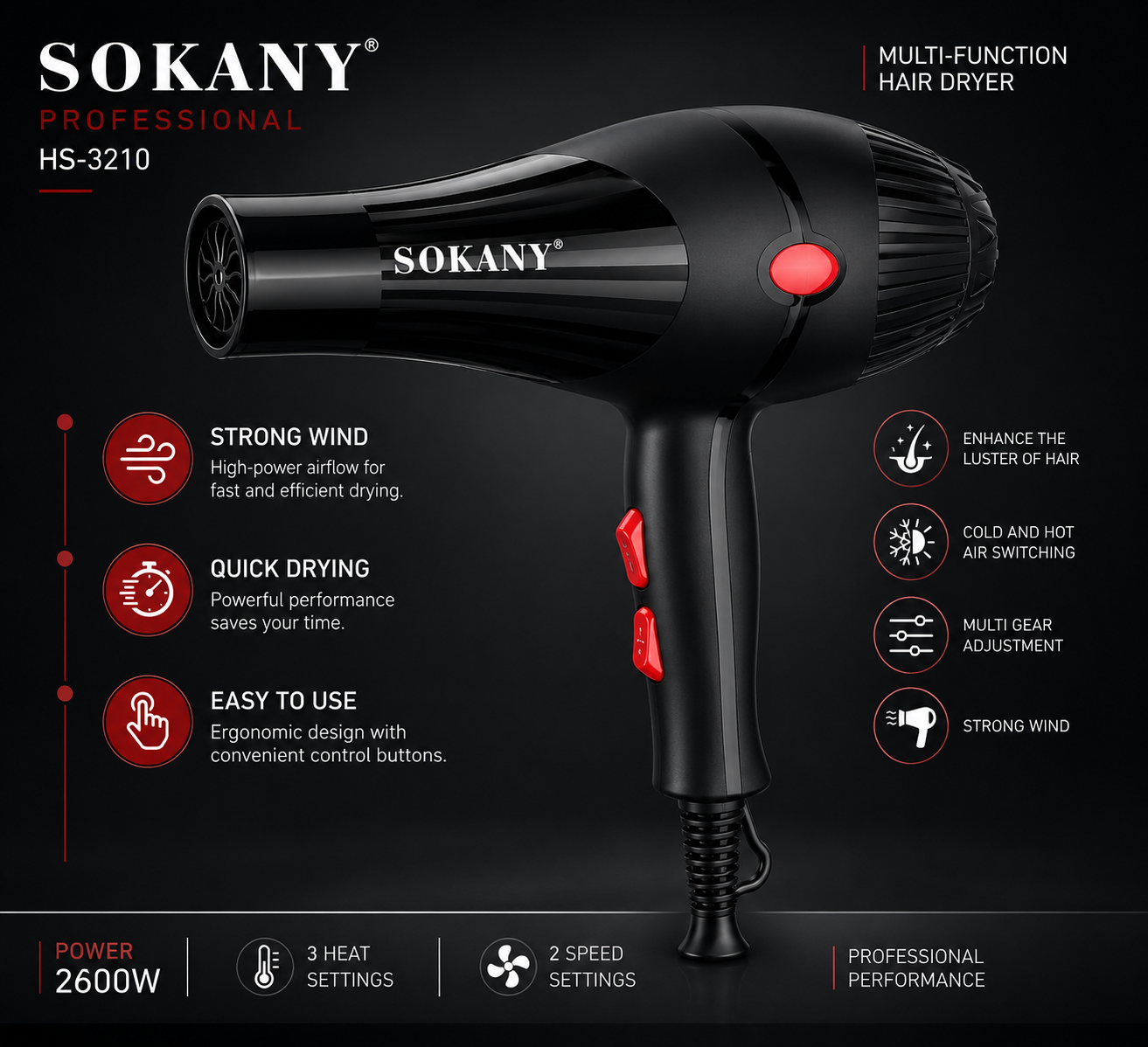 Picture of Sokany HS-3210 Professional Hair Dryer 2600 Watt With 2 Temperature Hair Dryer Black