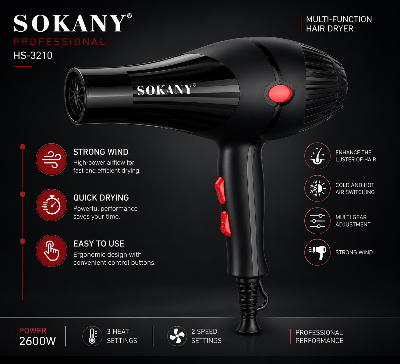 Picture of Sokany HS-3210 Professional Hair Dryer 2600 Watt With 2 Temperature Hair Dryer Black