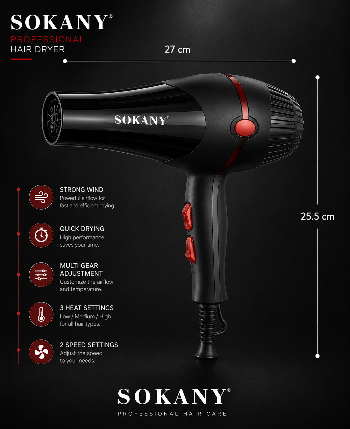 Picture of Sokany HS-3210 Professional Hair Dryer 2600 Watt With 2 Temperature Hair Dryer Black