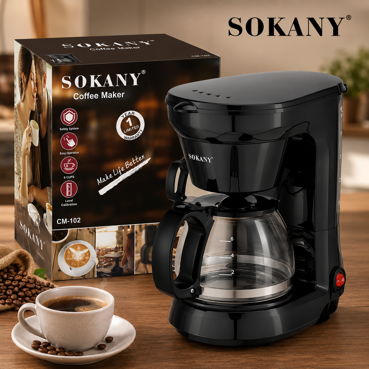 Picture of CM-102 SOKANY Electric Mini Coffee Machine Polypropylene Housing Household Fully Semi-Automatic With Heat Preservation Temperature-Black