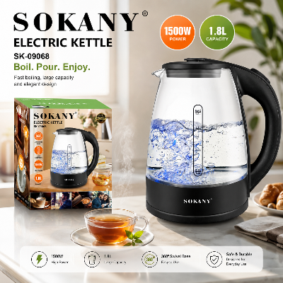 Picture of SK-09068 Sokany 1.8 Liter Electric Tea Kettle, BPA-Free Glass Kettle with LED, Hot Water Kettle with Fast Boil, Auto Shut-Off and Boil-Dry Protection-Black