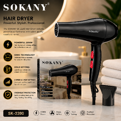 Picture of Sokany SK-2200 Professional Hair Dryer 2200 Watts High Quality Including Air Concentrator Attachment-Black