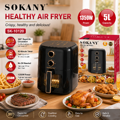 Picture of SK-10120 Sokany 5L Air Fryer 1350W Electric Digital Fryer, Premium Glossy Black with Gold Accents, 0-60 Minute Timer, 80-200°C Temperature Control