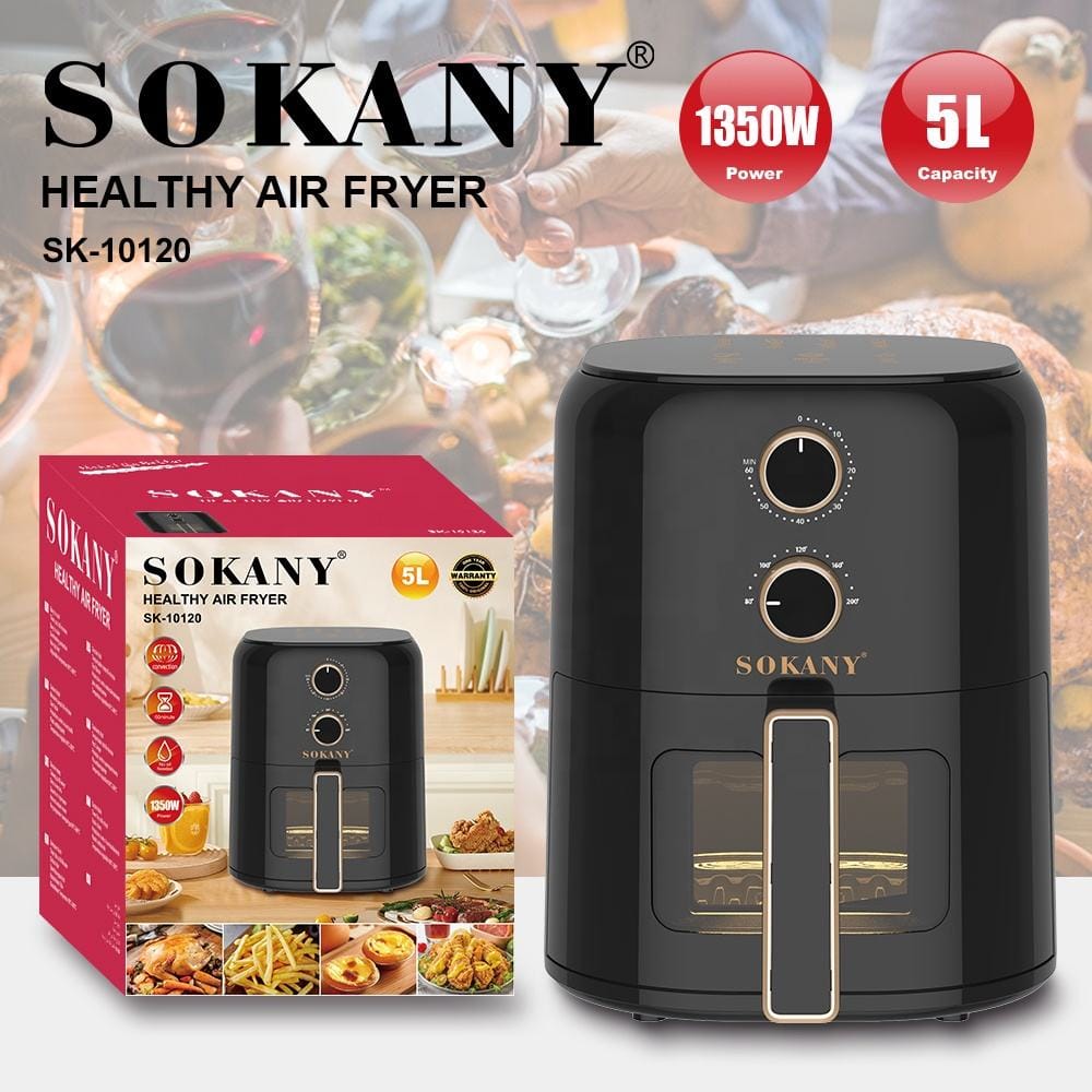 Picture of SK-10120 Sokany 5L Air Fryer 1350W Electric Digital Fryer, Premium Glossy Black with Gold Accents, 0-60 Minute Timer, 80-200°C Temperature Control