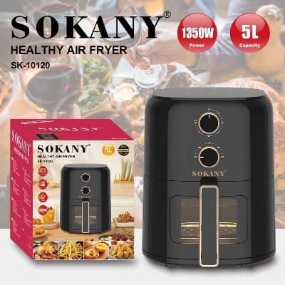 Picture of SK-10120 Sokany 5L Air Fryer 1350W Electric Digital Fryer, Premium Glossy Black with Gold Accents, 0-60 Minute Timer, 80-200°C Temperature Control