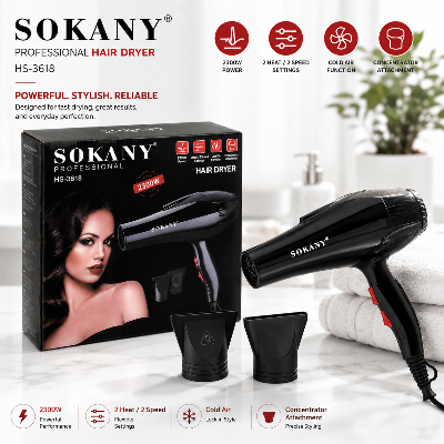 Picture of HS-3618 Sokany 2300 watts Black Color Hair Dryer with 2 Air-Concentrator Attachments