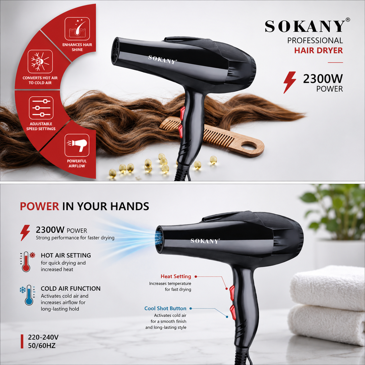 Picture of HS-3618 Sokany 2300 watts Black Color Hair Dryer with 2 Air-Concentrator Attachments