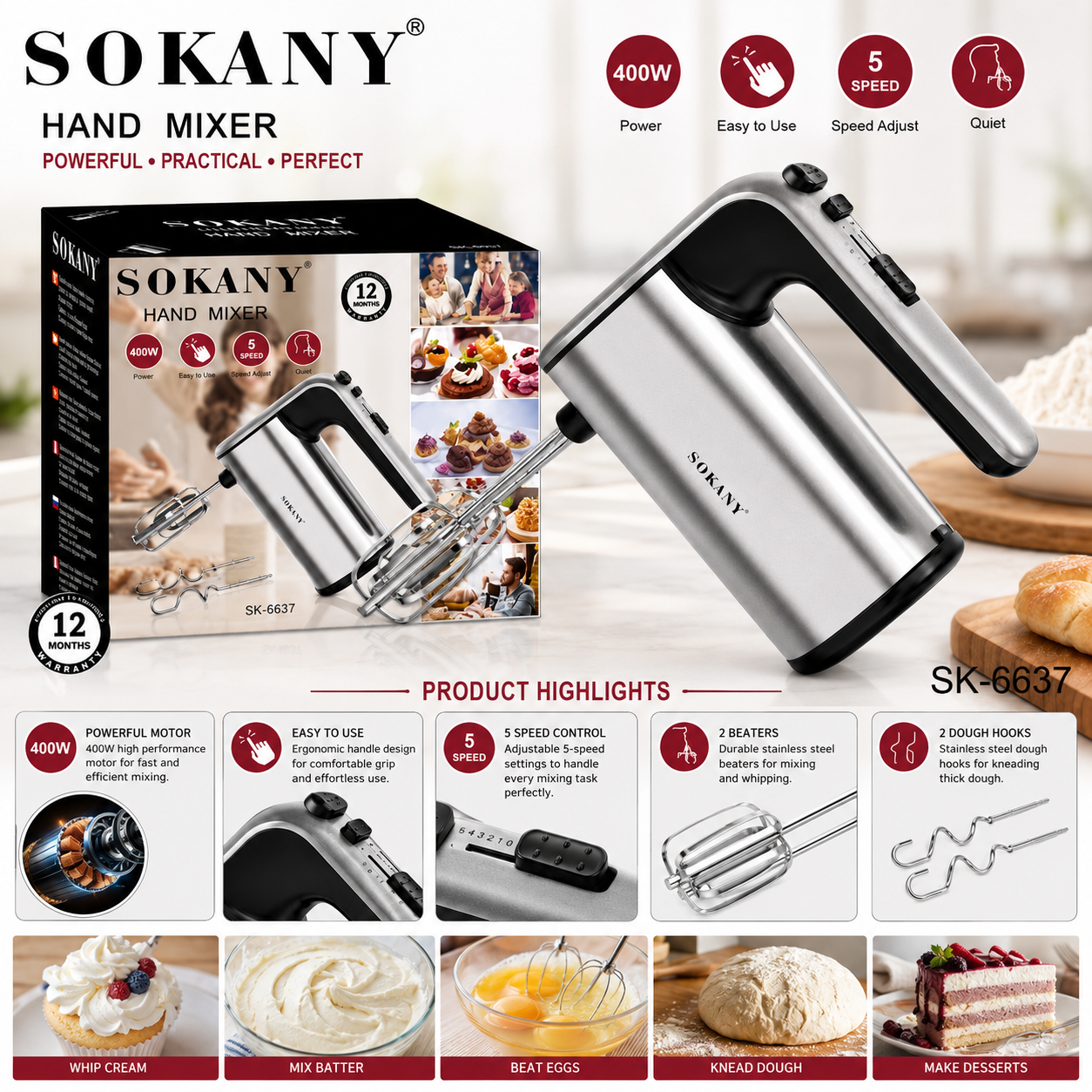 Picture of Sokany SK-6637 Electric Powerful Hand Mixer Kitchen Egg Beater Food Mixer 5 Speed Egg Mixer-Silver