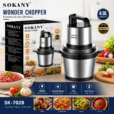 Picture of SOKANY SK-7028 800W Electric Food Chopper 4 Liter Robust Stainless Steel Bowl Mince and Blend Vegetables, Fruits, Nuts, Meats Strong Stainless Steel Blade