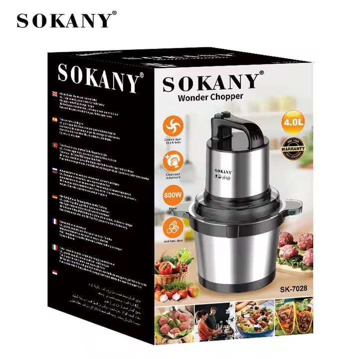 Picture of SOKANY SK-7028 800W Electric Food Chopper 4 Liter Robust Stainless Steel Bowl Mince and Blend Vegetables, Fruits, Nuts, Meats Strong Stainless Steel Blade