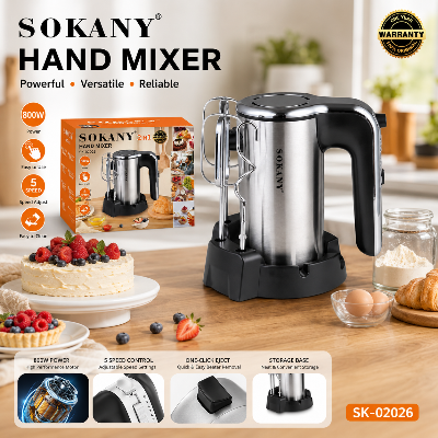 Picture of Sokany SK-02026 2-in-1 Stand Egg Beater 800W 5 Speeds Hand Mixer With Strong Stand for Kitchen Organizing-Silver