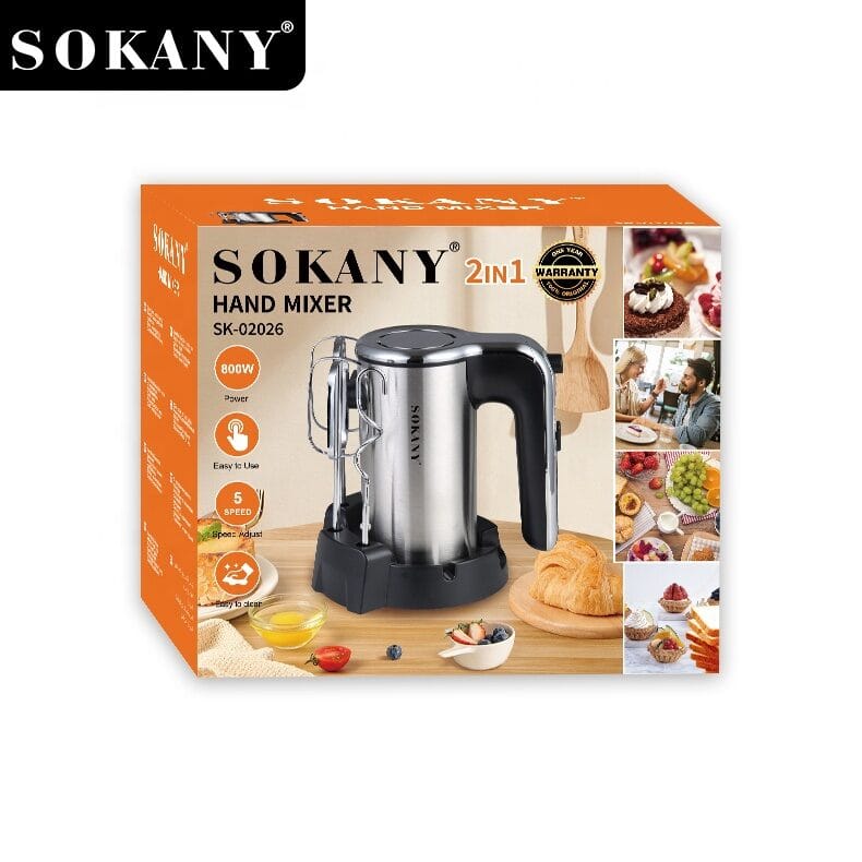 Picture of Sokany SK-02026 2-in-1 Stand Egg Beater 800W 5 Speeds Hand Mixer With Strong Stand for Kitchen Organizing-Silver