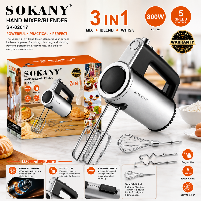 Picture of Sokany SK-02017 800W 3 in 1 Stainless Steel Egg Beater 5 Speeds Model-Silver