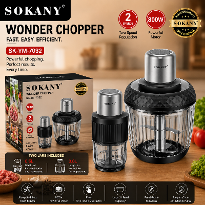 Picture of SOKANY SK-YM-7032 Electric Chopper Blender with 800W Motor and Two Jars 3 Liters and 0.5 Liters Capacity