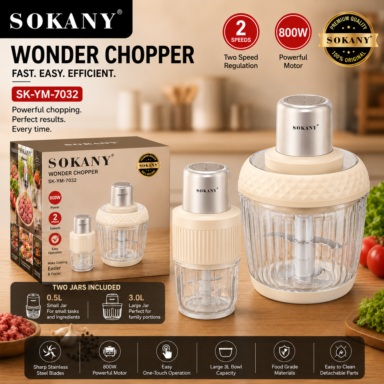 Picture of SOKANY SK-YM-7032 Electric Chopper Blender with 800W Motor and Two Jars 3 Liters and 0.5 Liters Capacity