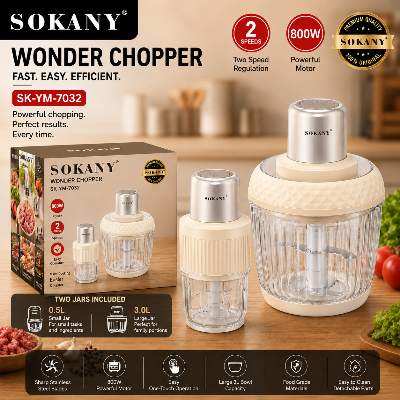 Picture of SOKANY SK-YM-7032 Electric Chopper Blender with 800W Motor and Two Jars 3 Liters and 0.5 Liters Capacity