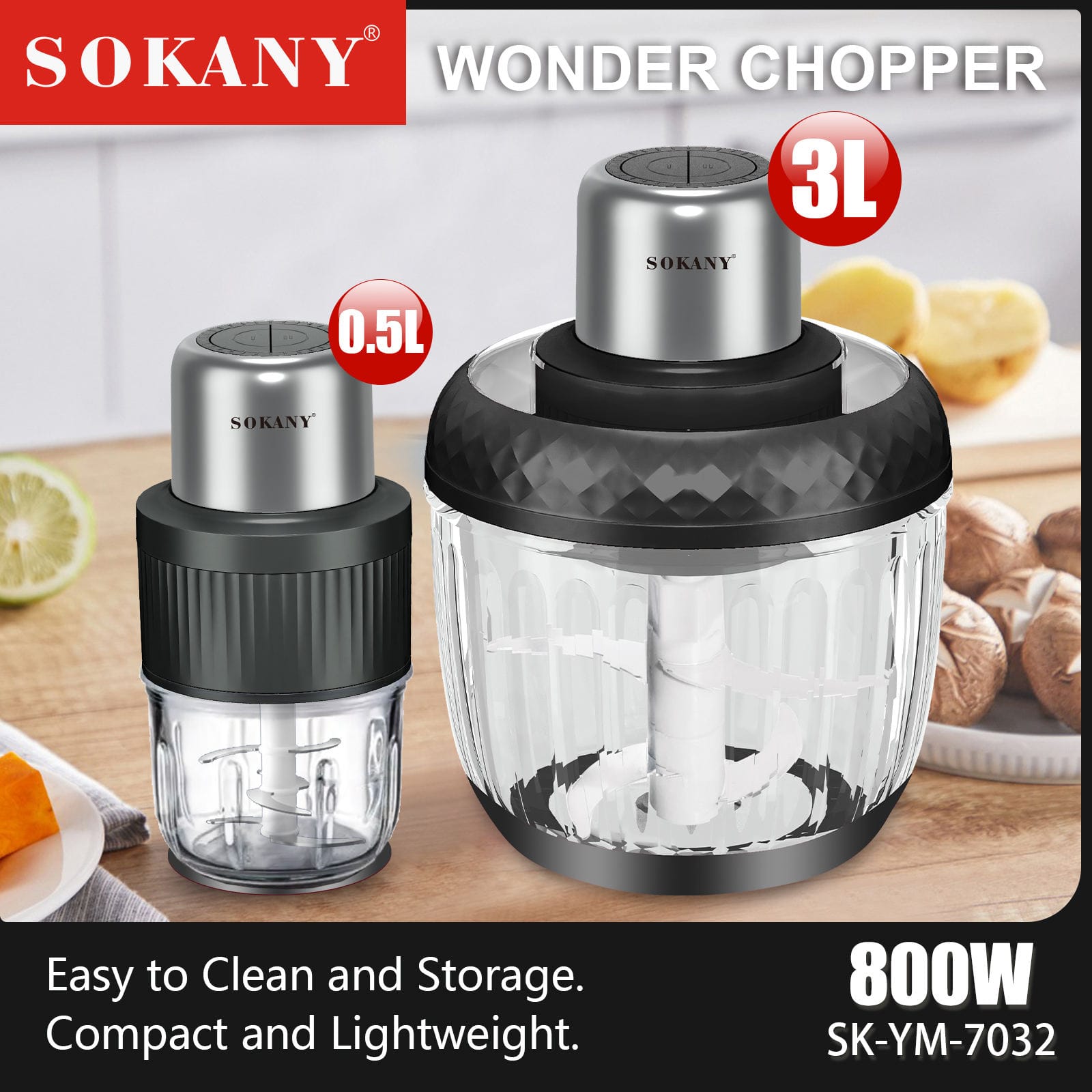 Picture of SOKANY SK-YM-7032 Electric Chopper Blender with 800W Motor and Two Jars 3 Liters and 0.5 Liters Capacity