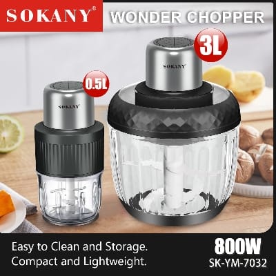 Picture of SOKANY SK-YM-7032 Electric Chopper Blender with 800W Motor and Two Jars 3 Liters and 0.5 Liters Capacity