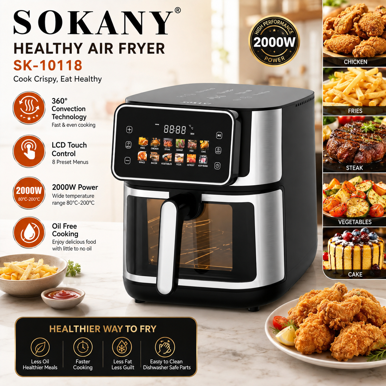 Picture of Sokany SK-10118 Digital 8 Liters Air Fryer 2000 Watts with Top and Bottom Heating Colorful Display Panel-Black