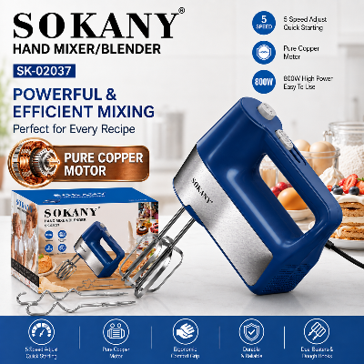 Picture of SOKANY SK-02037 Egg Beater Hand Mixer With 800 Watts Powerful Copper Motor and Modern Blue Colorful Design