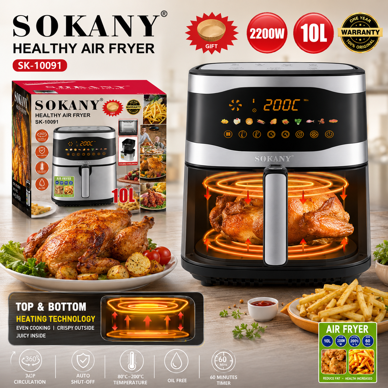 Picture of Sokany SK-10091 Dual Heating Oil-Free Healthy 10 Litre Digital 2200W Cooking Air Fryer-Silver